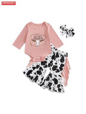 Newborn Baby Girl Western Romper Bell Bottom Pants Outfit Set